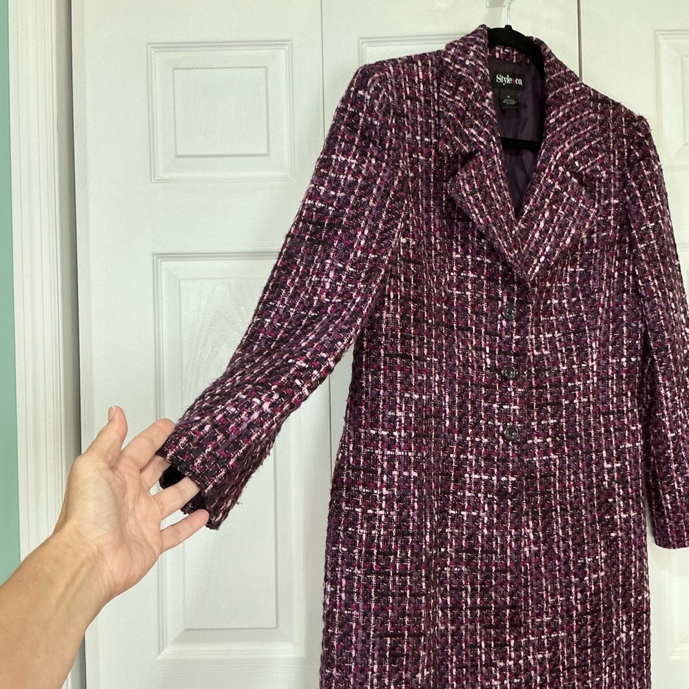 🌷 Style & Co Purple Black Pink White Tweed Coat / Jacket Lined - 10 - Picture 2 of 6